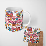 Personalized Custom Name Hippie Van Camera Guitar Floral Travel White Background Seamless 11oz Ceramic Coffee Tea Mug White Large Handle
