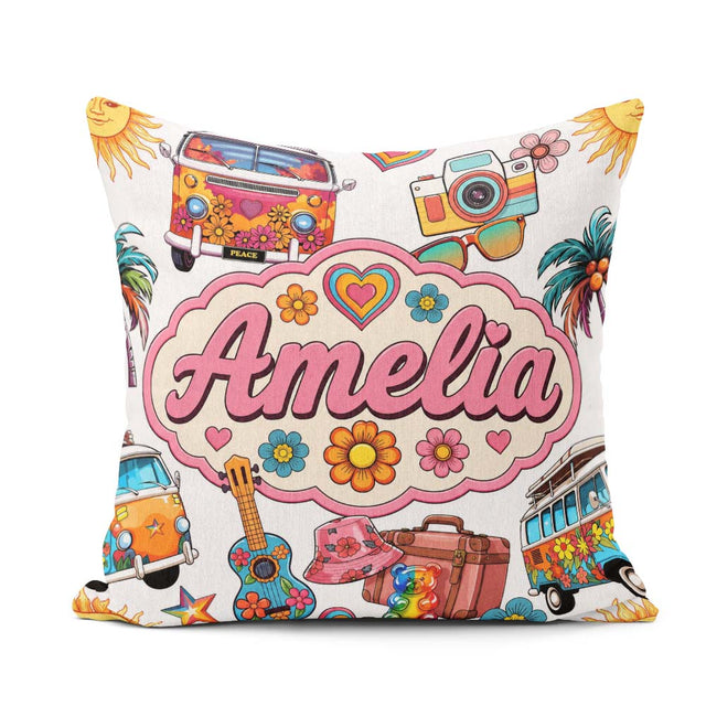 Custom Name Hippie Camera Guitar Floral Travel White Background Square Filled Cushion Throw Pillow Sofa Bed Home Decor Zip Washable UK Made