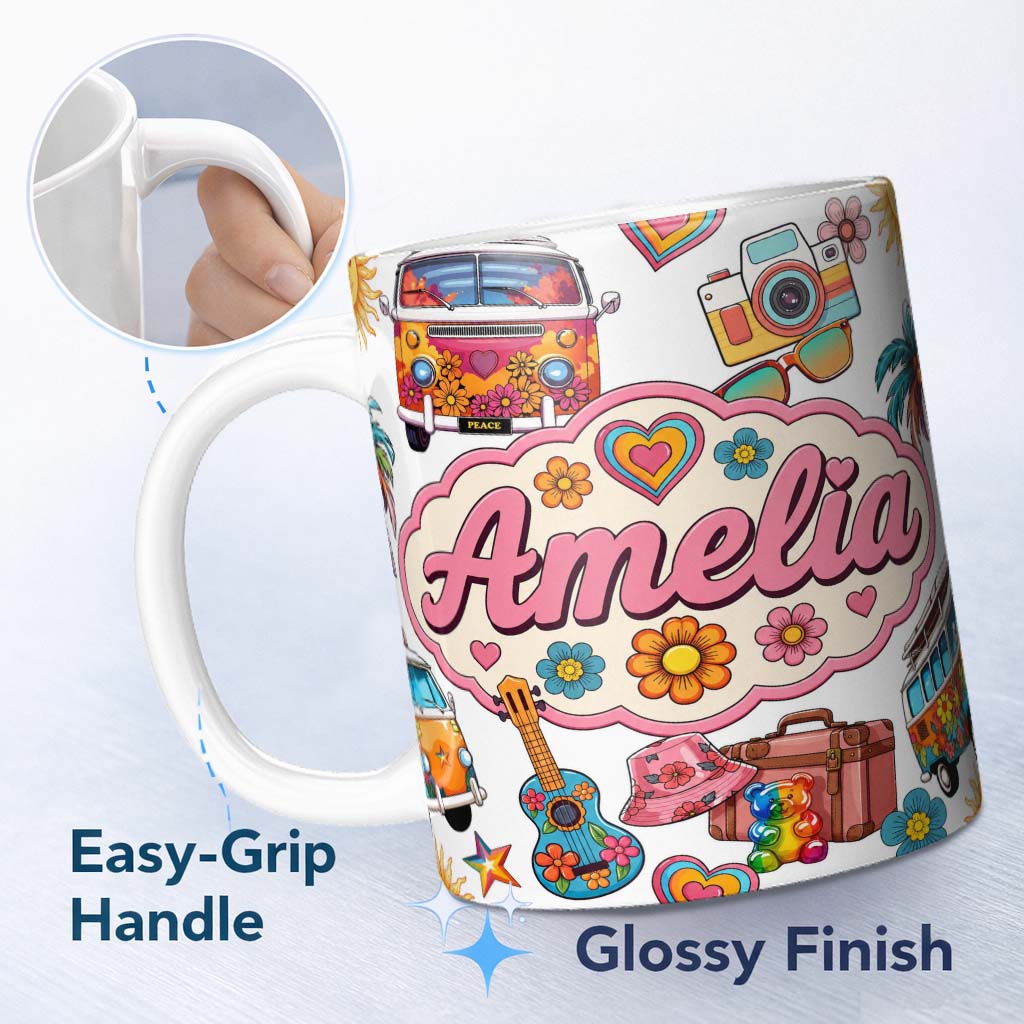 Personalized Custom Name Hippie Van Camera Guitar Floral Travel White Background Seamless 11oz Ceramic Coffee Tea Mug White Large Handle