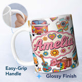 Personalized Custom Name Hippie Van Camera Guitar Floral Travel White Background Seamless 11oz Ceramic Coffee Tea Mug White Large Handle