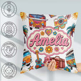 Custom Name Hippie Camera Guitar Floral Travel White Background Square Filled Cushion Throw Pillow Sofa Bed Home Decor Zip Washable UK Made
