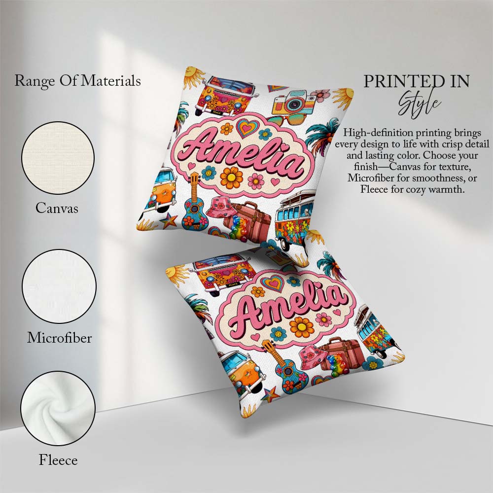 Custom Name Hippie Camera Guitar Floral Travel White Background Square Filled Cushion Throw Pillow Sofa Bed Home Decor Zip Washable UK Made