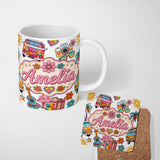 Personalized Custom Name Hippie Van Camera Guitar Floral Travel White Background Seamless 11oz Ceramic Coffee Tea Mug White Large Handle
