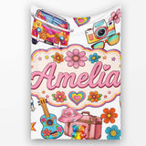 Hippie Van Camera Guitar Floral Travel White Background Seamless  Personalised Custom Name Super Soft Fleece Blanket Bed Sofa Throw