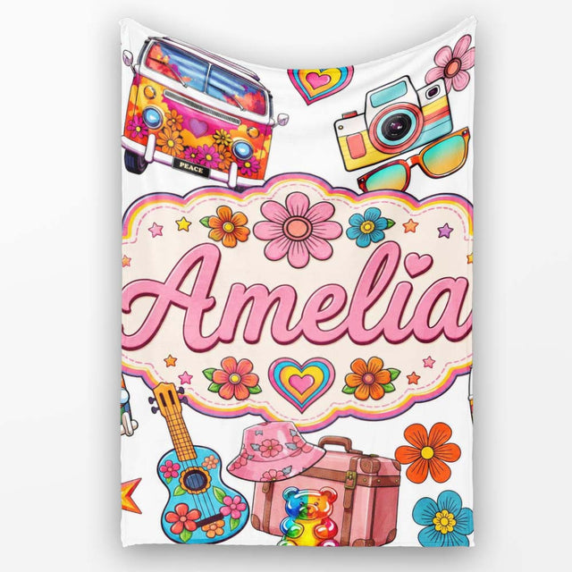Hippie Van Camera Guitar Floral Travel White Background Seamless  Personalised Custom Name Super Soft Fleece Blanket Bed Sofa Throw