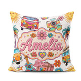 Custom Name Hippie Camera Guitar Floral Travel White Background Square Filled Cushion Throw Pillow Sofa Bed Home Decor Zip Washable UK Made