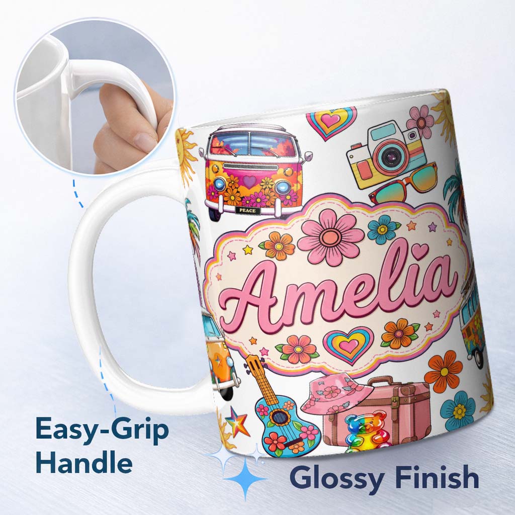 Personalized Custom Name Hippie Van Camera Guitar Floral Travel White Background Seamless 11oz Ceramic Coffee Tea Mug White Large Handle