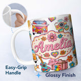 Personalized Custom Name Hippie Van Camera Guitar Floral Travel White Background Seamless 11oz Ceramic Coffee Tea Mug White Large Handle