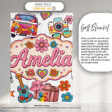 Hippie Van Camera Guitar Floral Travel White Background Seamless  Personalised Custom Name Super Soft Fleece Blanket Bed Sofa Throw