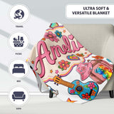 Hippie Van Camera Guitar Floral Travel White Background Seamless  Personalised Custom Name Super Soft Fleece Blanket Bed Sofa Throw