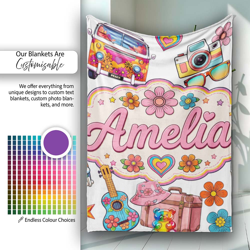 Hippie Van Camera Guitar Floral Travel White Background Seamless  Personalised Custom Name Super Soft Fleece Blanket Bed Sofa Throw