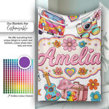 Hippie Van Camera Guitar Floral Travel White Background Seamless  Personalised Custom Name Super Soft Fleece Blanket Bed Sofa Throw