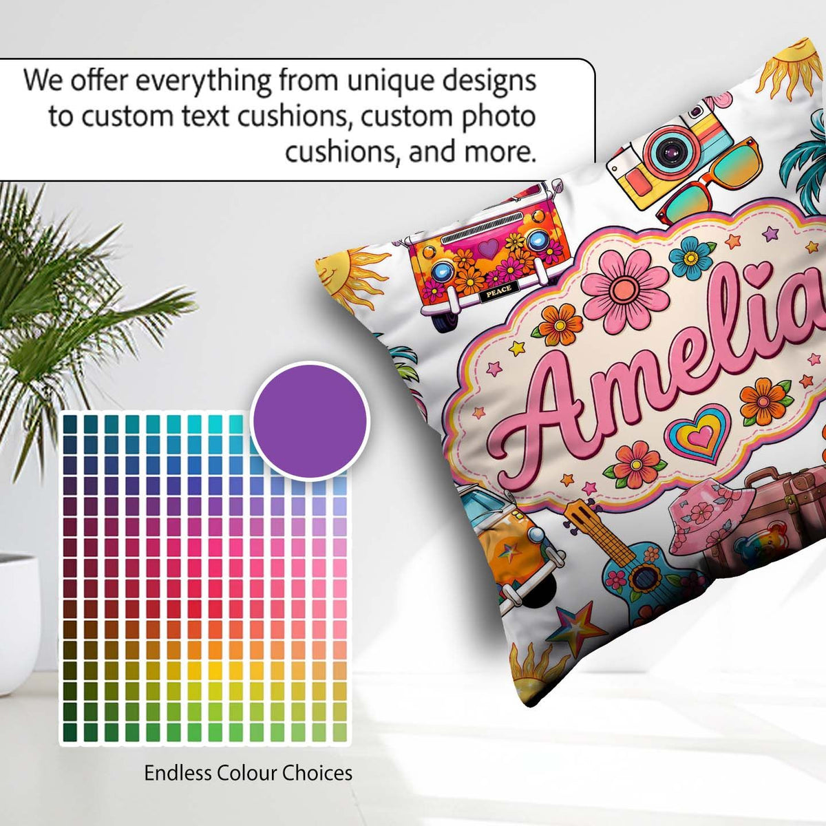 Custom Name Hippie Camera Guitar Floral Travel White Background Square Filled Cushion Throw Pillow Sofa Bed Home Decor Zip Washable UK Made