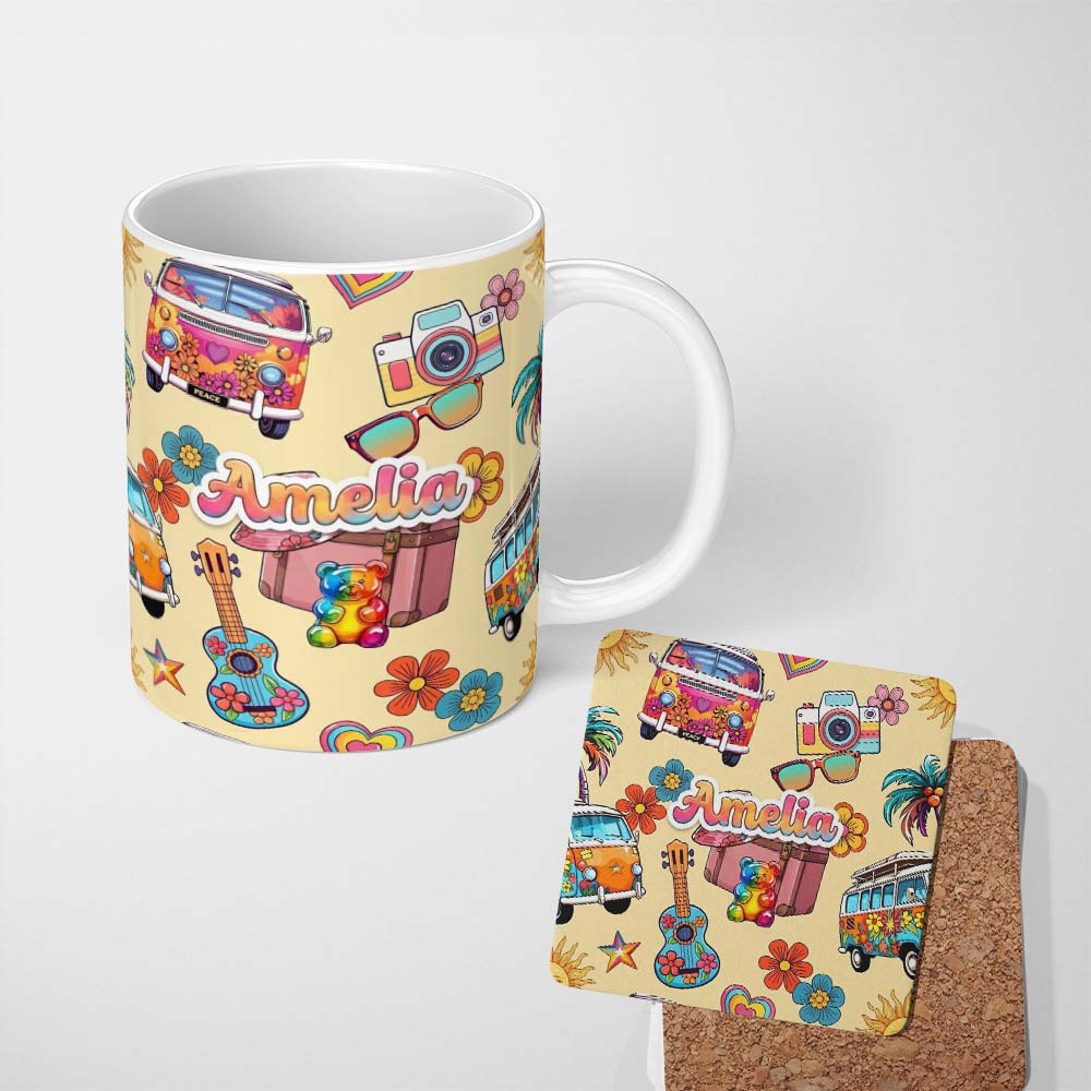 Personalized Custom Name Hippie Van Camera Guitar Floral Travel Beige Background Seamless 11oz Ceramic Coffee Tea Mug White Large Handle