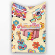 Hippie Van Camera Guitar Floral Travel Beige Background Seamless  Personalised Custom Name Super Soft Fleece Blanket Bed Sofa Throw