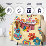 Hippie Van Camera Guitar Floral Travel Beige Background Seamless  Personalised Custom Name Super Soft Fleece Blanket Bed Sofa Throw