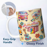 Personalized Custom Name Hippie Van Camera Guitar Floral Travel Beige Background Seamless 11oz Ceramic Coffee Tea Mug White Large Handle