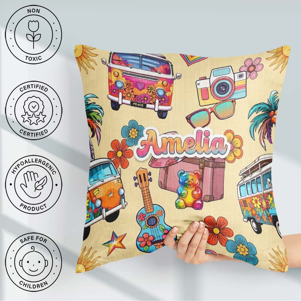 Custom Name Hippie Camera Guitar Floral Travel Beige Background Square Filled Cushion Throw Pillow Sofa Bed Home Decor Zip Washable UK Made