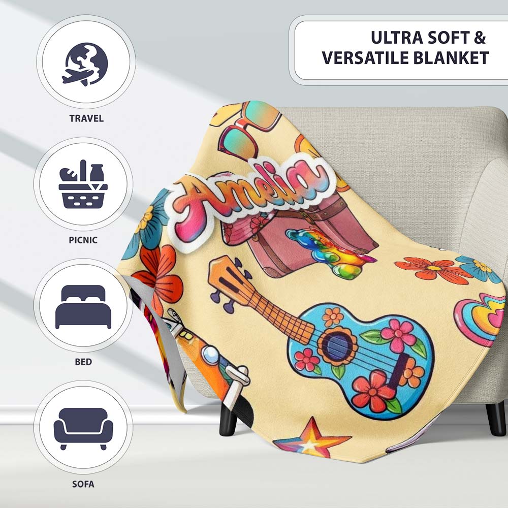 Hippie Van Camera Guitar Floral Travel Beige Background Seamless  Personalised Custom Name Super Soft Fleece Blanket Bed Sofa Throw
