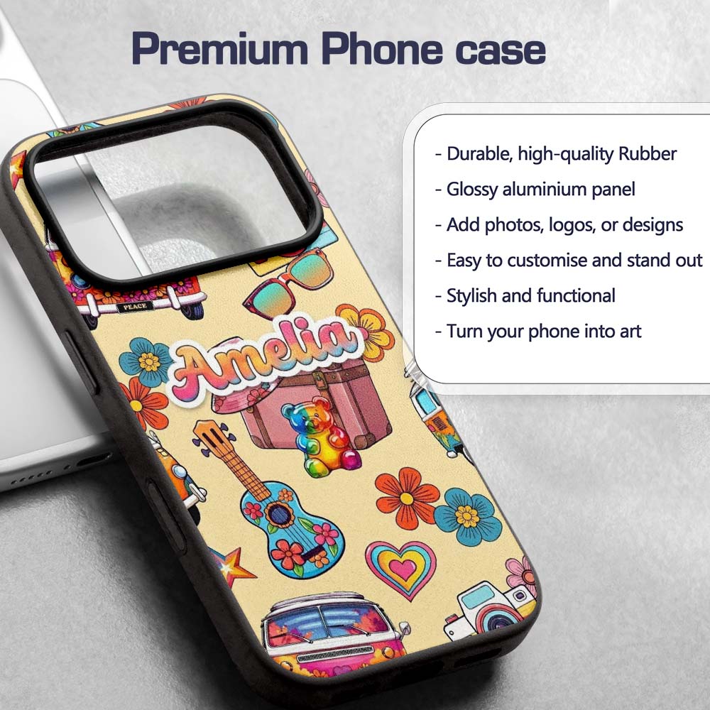 Hippie Van Camera Guitar Floral Travel Beige Custom Name Protective Phone Case Mobile Cover Durable Everyday Smartphone Shock Resistant