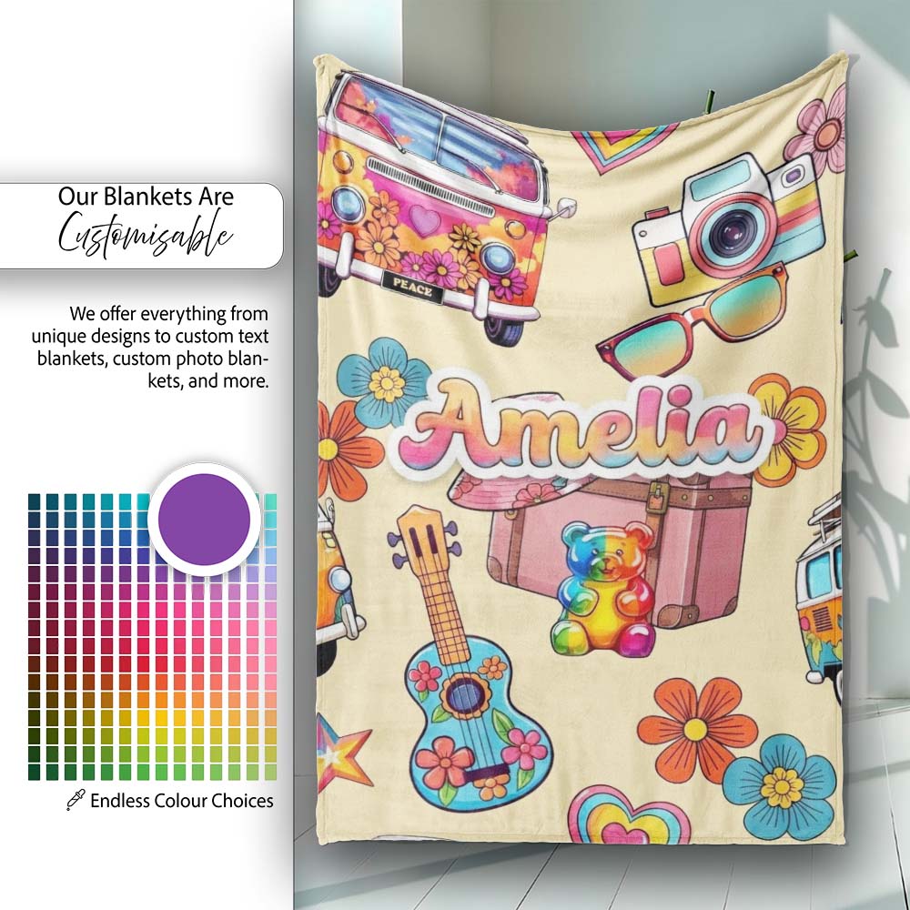 Hippie Van Camera Guitar Floral Travel Beige Background Seamless  Personalised Custom Name Super Soft Fleece Blanket Bed Sofa Throw