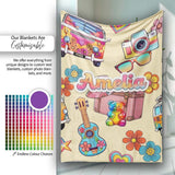 Hippie Van Camera Guitar Floral Travel Beige Background Seamless  Personalised Custom Name Super Soft Fleece Blanket Bed Sofa Throw