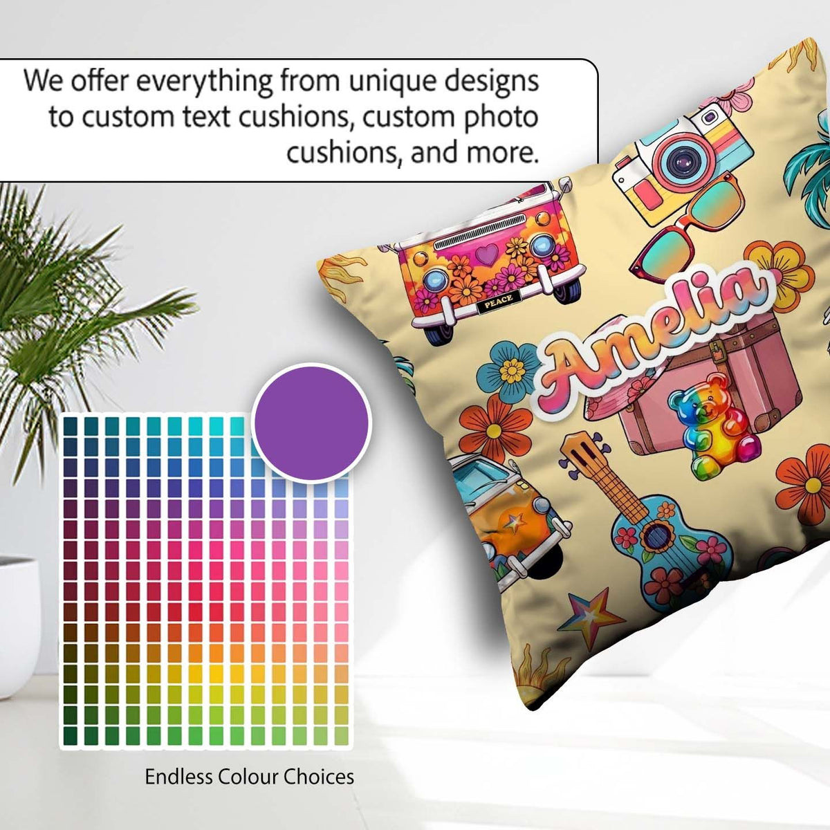 Custom Name Hippie Camera Guitar Floral Travel Beige Background Square Filled Cushion Throw Pillow Sofa Bed Home Decor Zip Washable UK Made