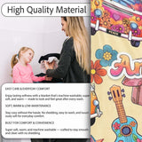 Hippie Van Camera Guitar Floral Travel Beige Background Seamless  Personalised Custom Name Super Soft Fleece Blanket Bed Sofa Throw