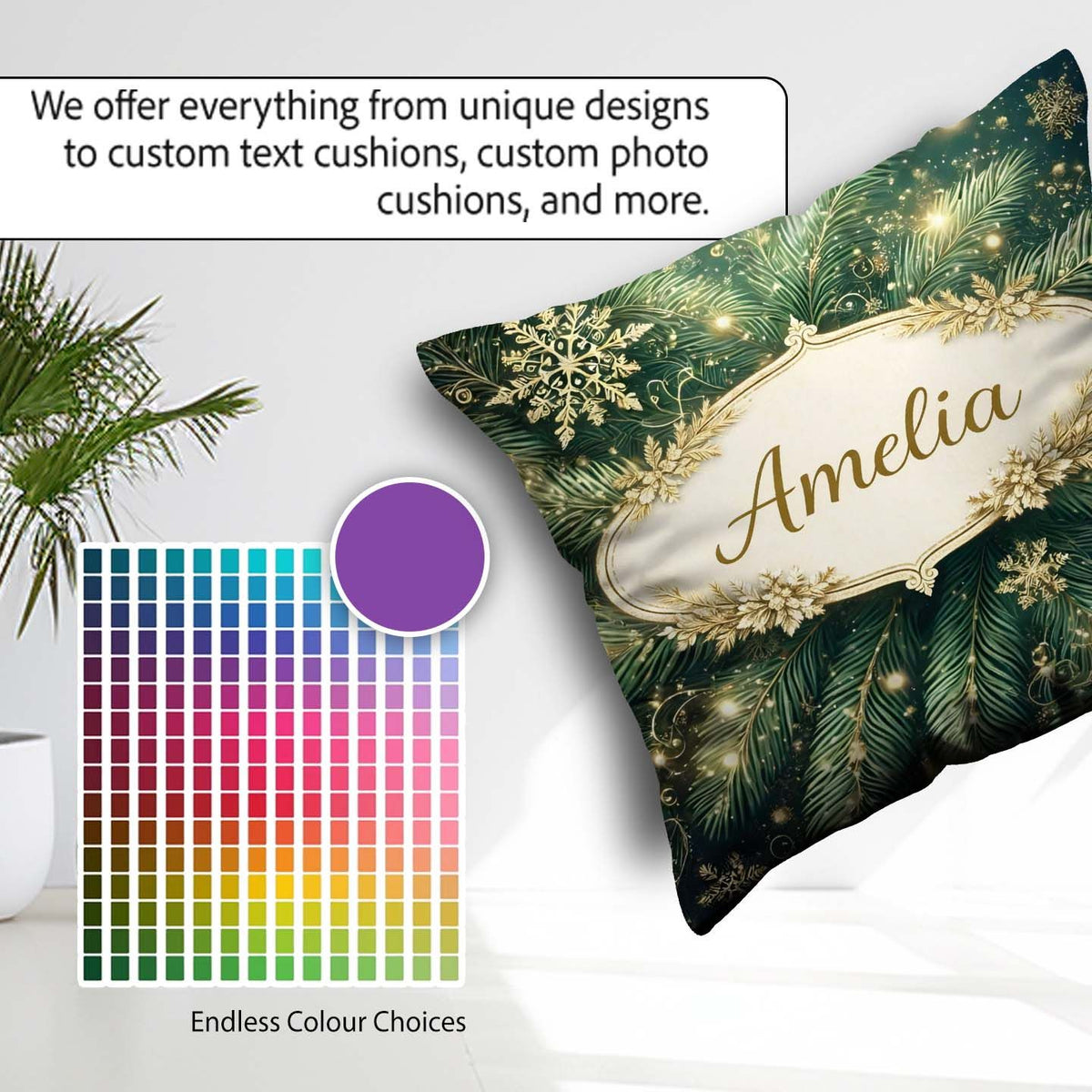 Custom Name Festive Green Pine and Snowflake Decorative Seamless Square Filled Cushion Throw Pillow Sofa Bed Home Decor Zip Washable UK Made