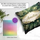Custom Name Festive Green Pine and Snowflake Decorative Seamless Square Filled Cushion Throw Pillow Sofa Bed Home Decor Zip Washable UK Made