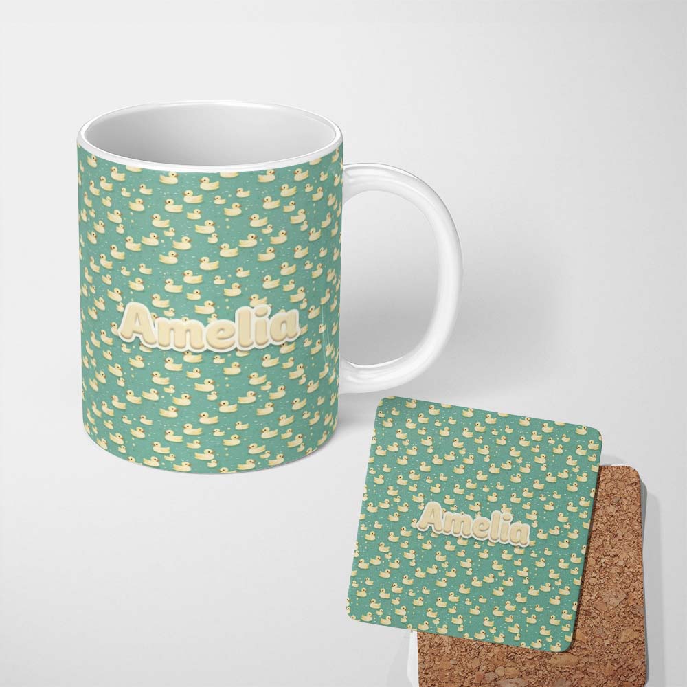 Personalized Custom Name Cute Yellow Rubber Ducks on Teal Water Seamless Pattern Name Unique 11oz Ceramic Coffee Tea Mug White Large Handle