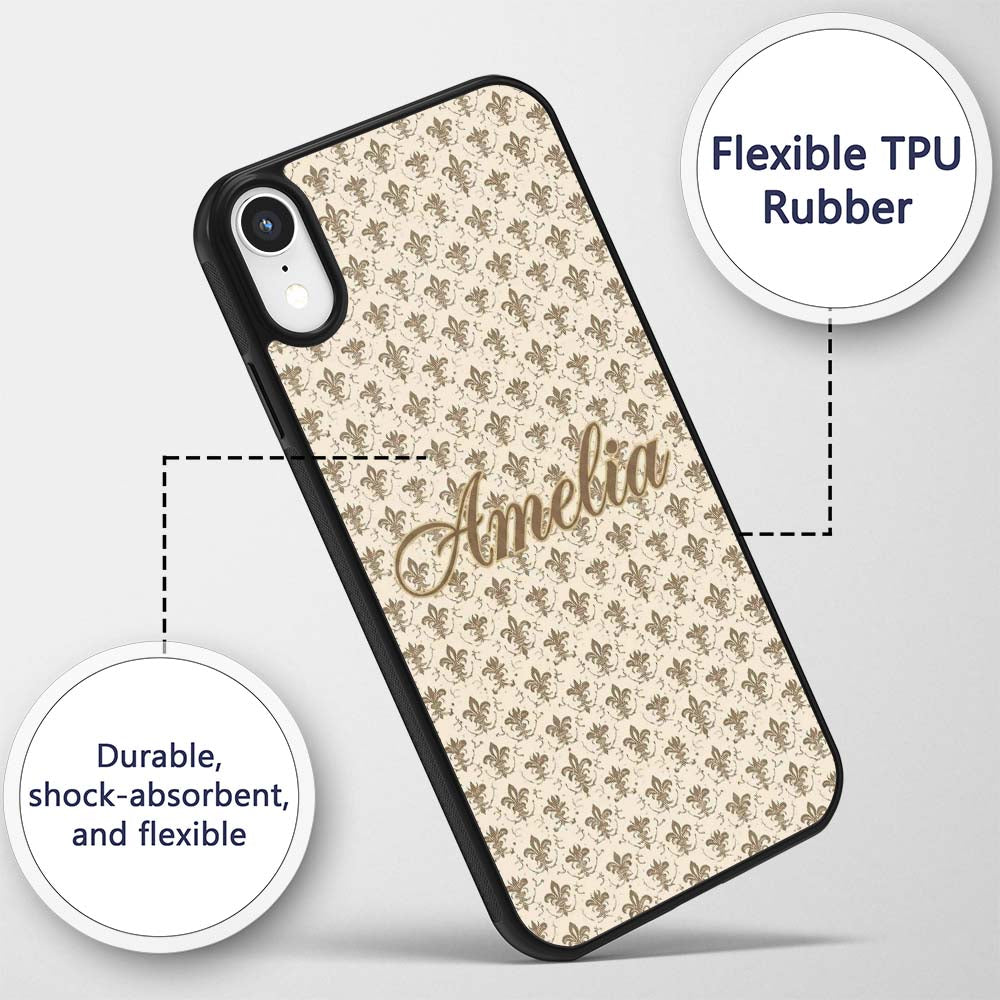 Vintage Fleur De Lis Damask Pattern Light Antique Custom Name Protective Phone Case Mobile Cover Durable Everyday Smartphone Shock Resistant