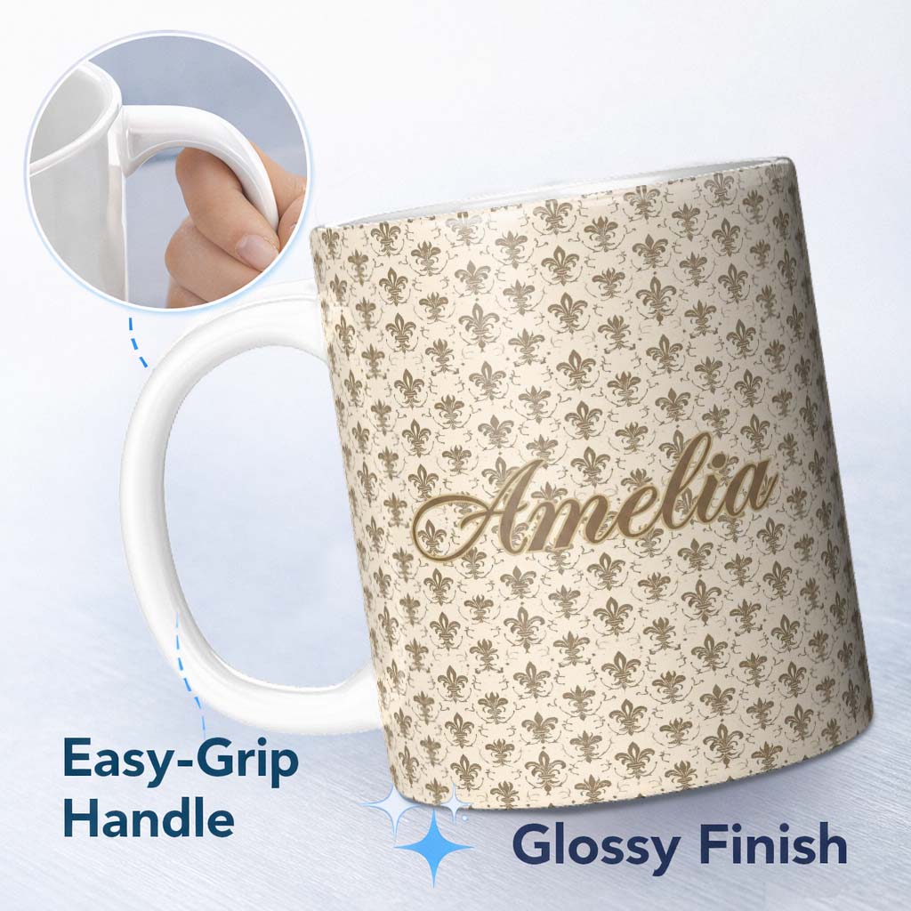 Personalized Custom Name Vintage Fleur De Lis Damask Pattern Light Antique Background 11oz Ceramic Coffee Tea Mug White Large Handle