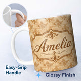 Personalized Custom Name Vintage Fleur De Lis Damask Pattern Rustic Beige Background 11oz Ceramic Coffee Tea Mug White Large Handle