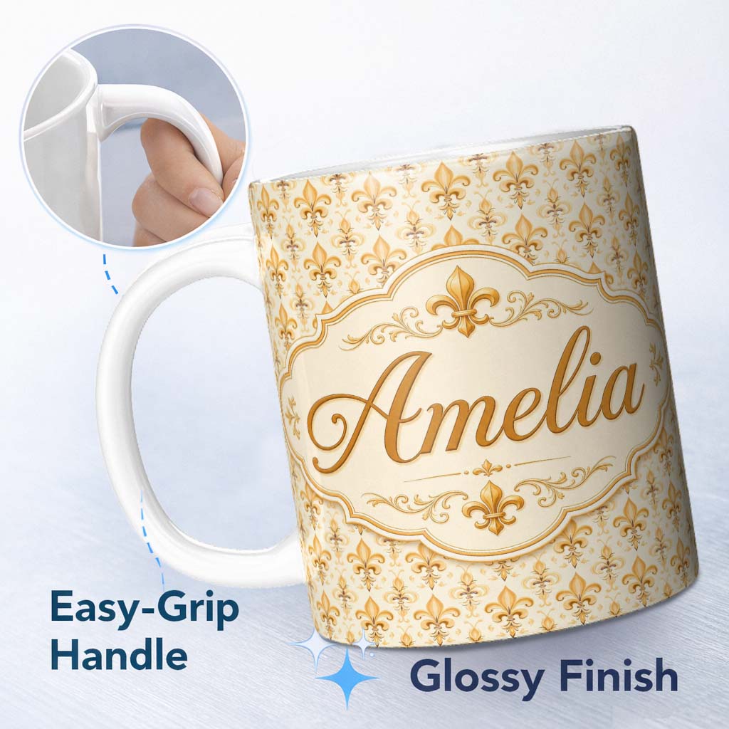 Personalized Custom Name Vintage Fleur De Lis Damask Pattern Warm Gold Background Seamless 11oz Ceramic Coffee Tea Mug White Large Handle