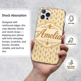 Vintage Fleur De Lis Damask Pattern Warm Gold Custom Name Protective Phone Case Mobile Cover Durable Everyday Smartphone Shock Resistant