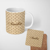 Personalized Custom Name Vintage Fleur De Lis Damask Pattern Classic Cream Background 11oz Ceramic Coffee Tea Mug White Large Handle