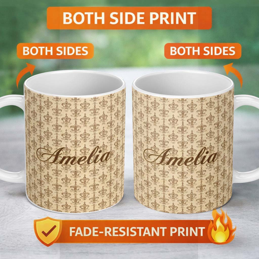 Personalized Custom Name Vintage Fleur De Lis Damask Pattern Classic Cream Background 11oz Ceramic Coffee Tea Mug White Large Handle