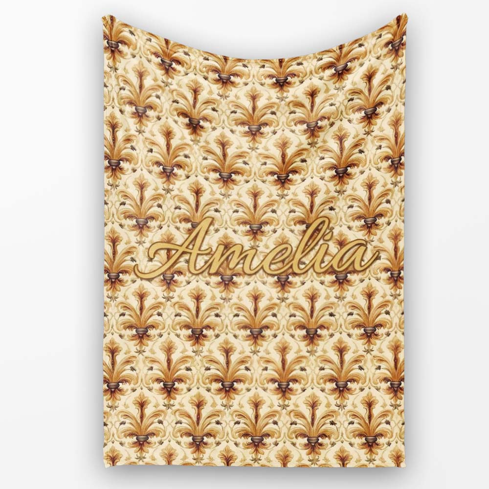 Elegant Vintage Fleur De Lis Ornamental Gold Pattern Seamless  Personalised Custom Name Super Soft Fleece Blanket Bed Sofa Throw