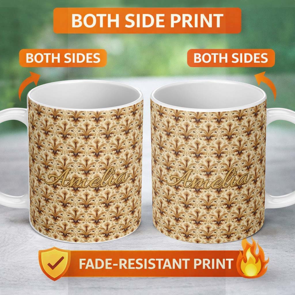 Personalized Custom Name Elegant Vintage Fleur De Lis Ornamental Gold Pattern Seamless 11oz Ceramic Coffee Tea Mug White Large Handle