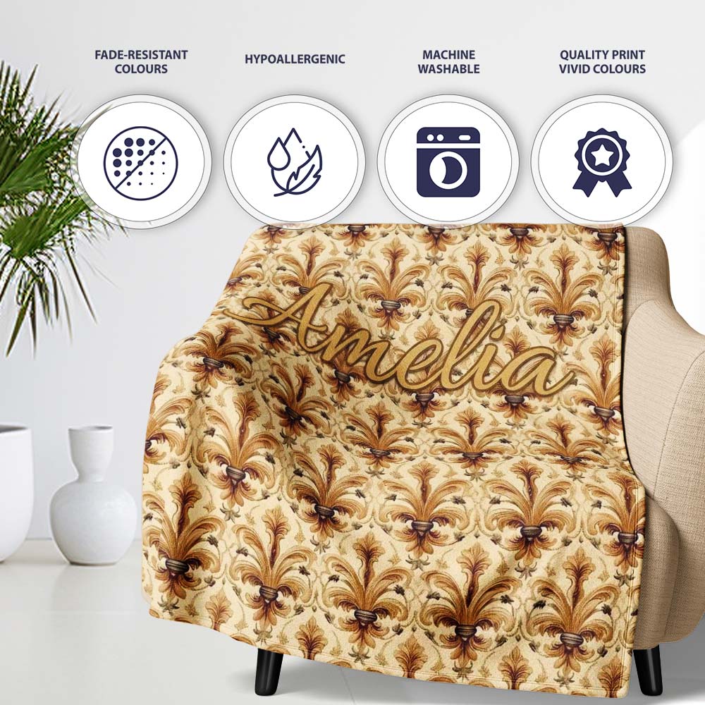 Elegant Vintage Fleur De Lis Ornamental Gold Pattern Seamless  Personalised Custom Name Super Soft Fleece Blanket Bed Sofa Throw