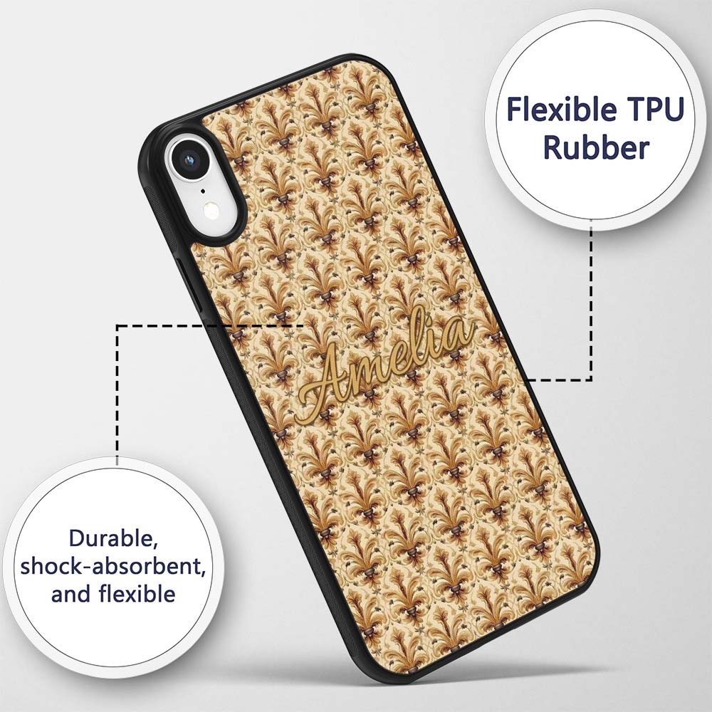 Elegant Vintage Fleur De Lis Ornamental Gold Custom Name Protective Phone Case Mobile Cover Durable Everyday Smartphone Shock Resistant