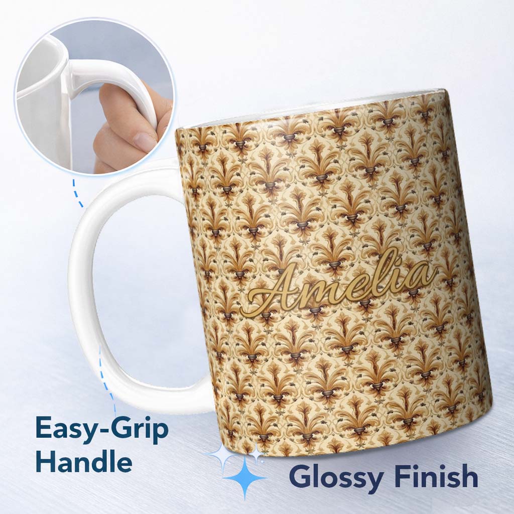 Personalized Custom Name Elegant Vintage Fleur De Lis Ornamental Gold Pattern Seamless 11oz Ceramic Coffee Tea Mug White Large Handle