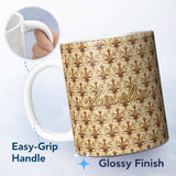 Personalized Custom Name Elegant Vintage Fleur De Lis Ornamental Gold Pattern Seamless 11oz Ceramic Coffee Tea Mug White Large Handle