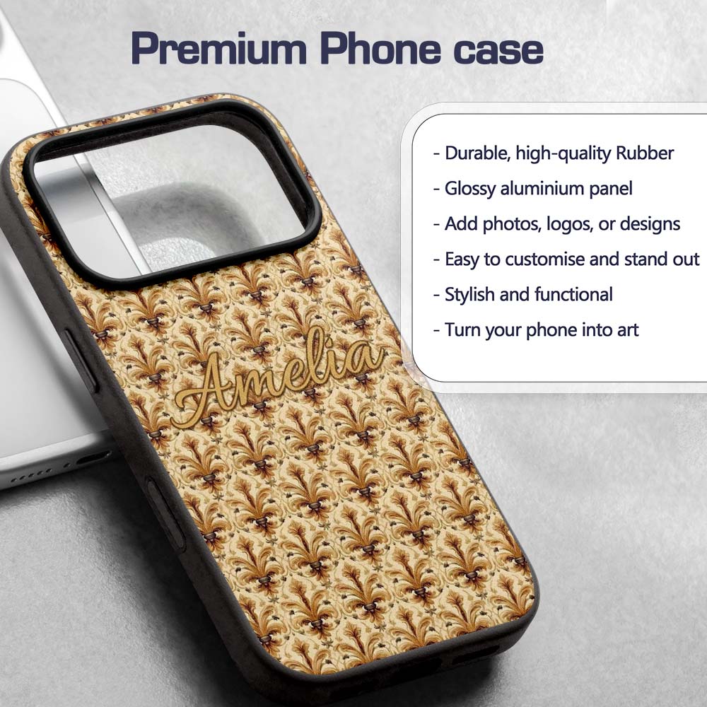 Elegant Vintage Fleur De Lis Ornamental Gold Custom Name Protective Phone Case Mobile Cover Durable Everyday Smartphone Shock Resistant