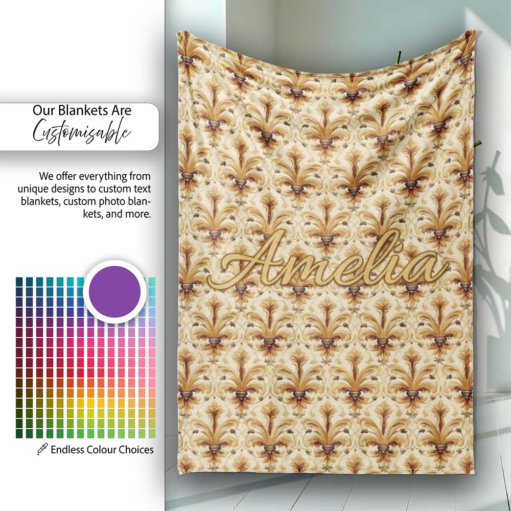 Elegant Vintage Fleur De Lis Ornamental Gold Pattern Seamless  Personalised Custom Name Super Soft Fleece Blanket Bed Sofa Throw