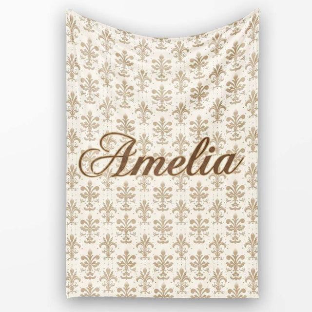 Classic Neutral Fleur De Lis Damask Pattern Soft Beige Background  Personalised Custom Name Super Soft Fleece Blanket Bed Sofa Throw