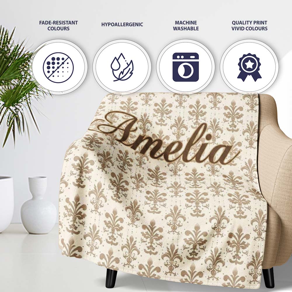 Classic Neutral Fleur De Lis Damask Pattern Soft Beige Background  Personalised Custom Name Super Soft Fleece Blanket Bed Sofa Throw