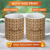 Personalized Custom Name Bold Dark Brown Fleur De Lis Floral Damask Seamless Pattern Name 11oz Ceramic Coffee Tea Mug White Large Handle