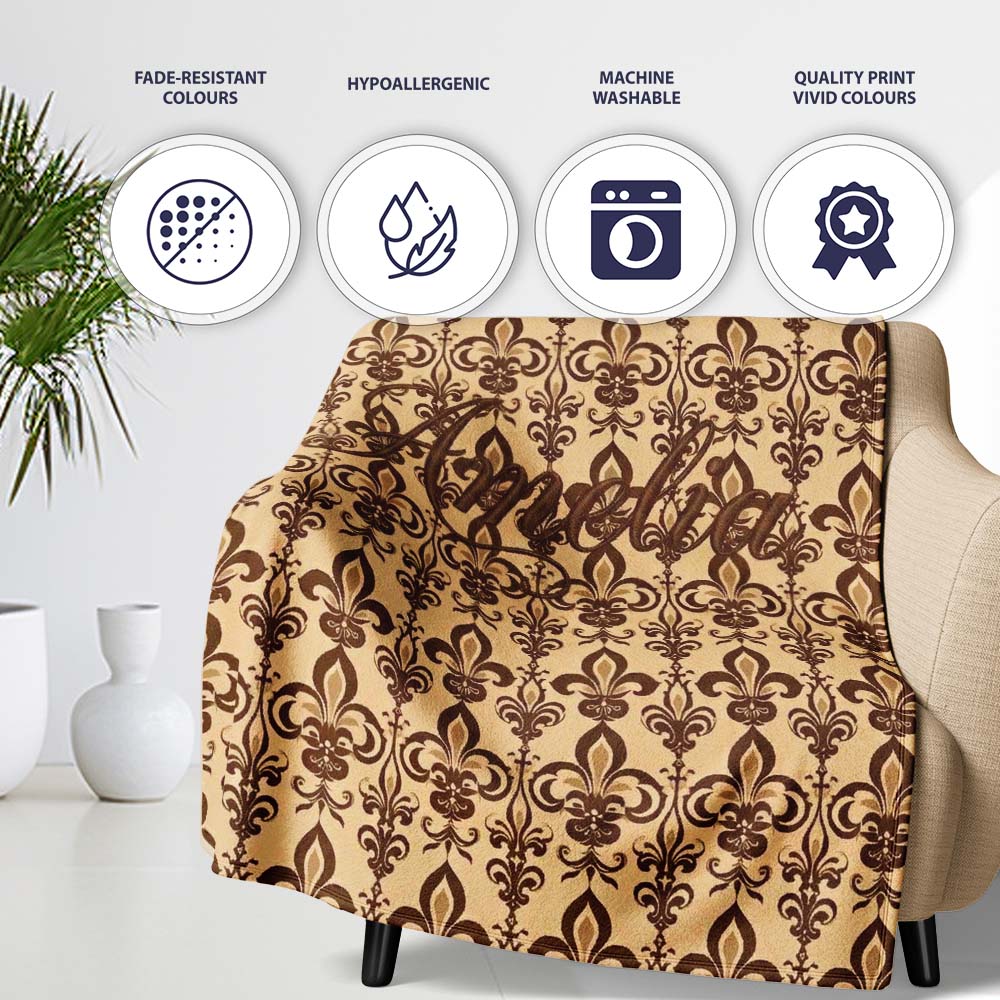 Bold Dark Brown Fleur De Lis Floral Damask Seamless Pattern Name  Personalised Custom Name Super Soft Fleece Blanket Bed Sofa Throw